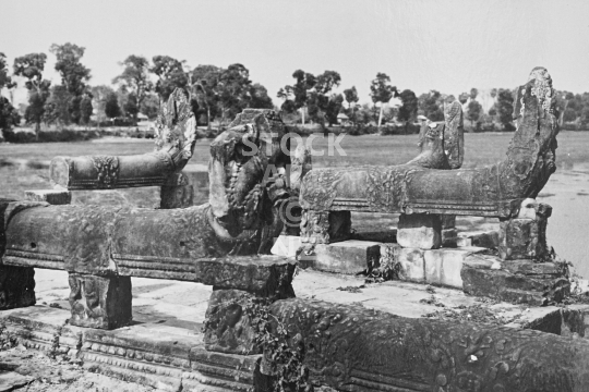 Srah Srang landing pier - Angkor - Old 10th century ruins with lions overlooking Baray Reservoir - black & white vintage low resolution photo from March 1992 