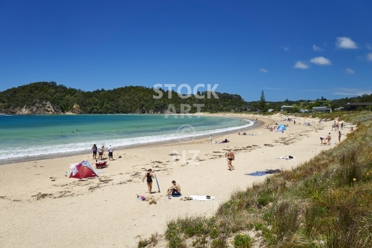 Summer fun in Matapouri Bay, Tutukaka Coast, Northland - People sunbathing on a typical New Zealand beach