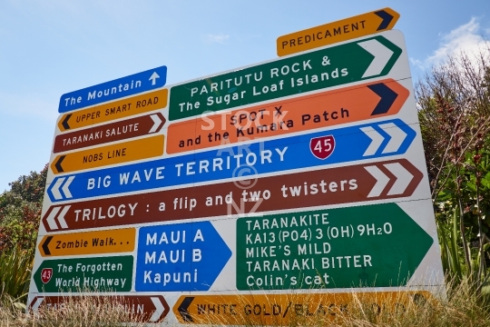 Surfing Highway 45 road sign - Taranaki, New Plymouth, New Zealand - Critical locations of interest for surfers