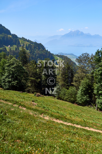Swiss mountain landscape above Lake Lucerne - Seebodenalp landscape with view to Mount Pilatus