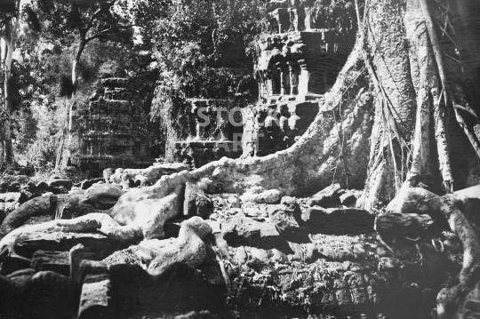 Ta Prohm temple ruins in Angkor - Black & white vintage low resolution photo from March 1992, of famous Ta Prohm temple ruins overgrown by the jungle