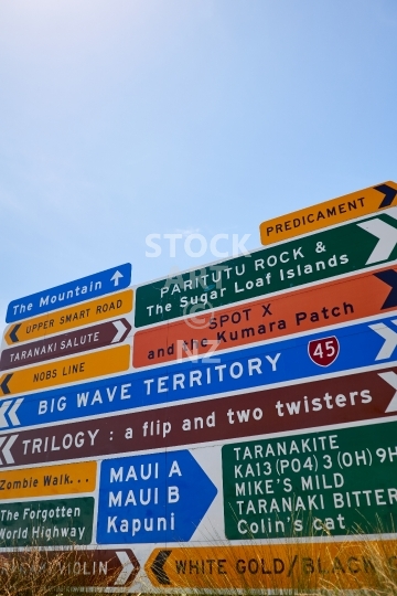 Taranaki Surfing Highway 45 street sign for surfers