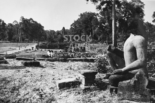 Terrace of the Leper King - Angkor Wat - The famous 13th century statue in Angkor Thom is not a leper but Hindu god Yama (god of death) - black & white vintage low resolution photo from March 1992, still headless before the restoration