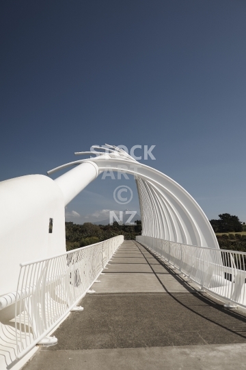 The amazing Te Rewa Rewa bridge in New Plymouth - In shape of a whale carcass and rolling wave - leading to Mount Taranaki, New Plymouth, NZ                               