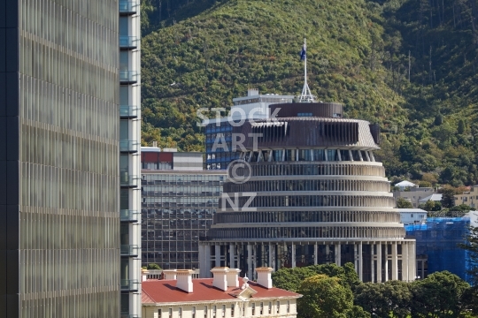 The Beehive in Wellington, New Zealand - Downtown business building with the New Zealand parliament building from 1977