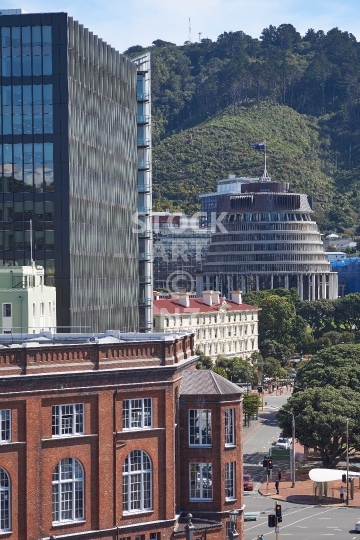 The New Zealand Beehive parliament building from 1977 - Wellington, New Zealand - View from Waterloo Quay downtown in the capital Wellington