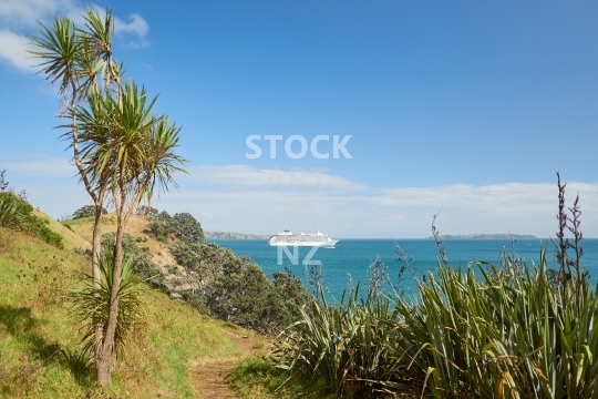 View from Waiheke Island to a cruise ship - Big tourist boat waiting offshore - along the Te Ara Hura round the island coastal track near Matiatia Bay, with cabbage trees and flax bush