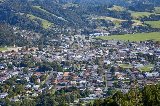 View of Kensington in Whangarei, Northland, NZ - Typical Kensington streets with the sports park and the Western Hills behind