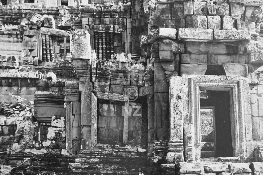 Vintage closeup of Ta Keo temple - Angkor - Detail of the very old and crumbling 10th century Hindu temple near Angkor Wat - black & white vintage low resolution photo from March 1992, before renovations
