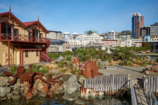 Wellington waterfront with Whairepo Lagoon - View to the city library from the Commonwealth Walkway promenade