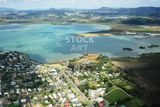 Whangarei harbour with Onerahi and Port Road - aerial photo - View of Raurimu Avenue to beach Road and the port 